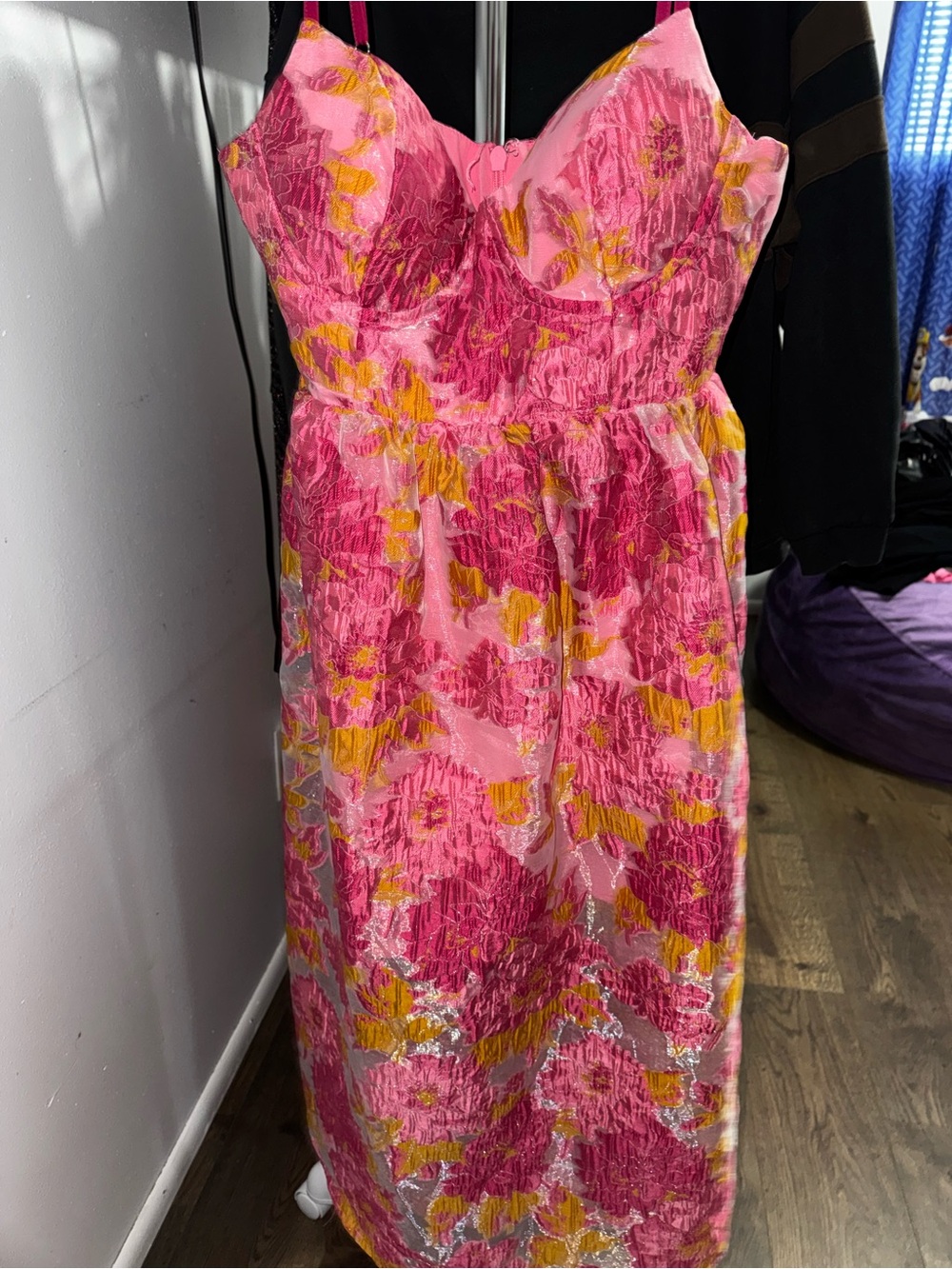 Fashion Nova Pink and Yellow Floral Strapless Midi Dress